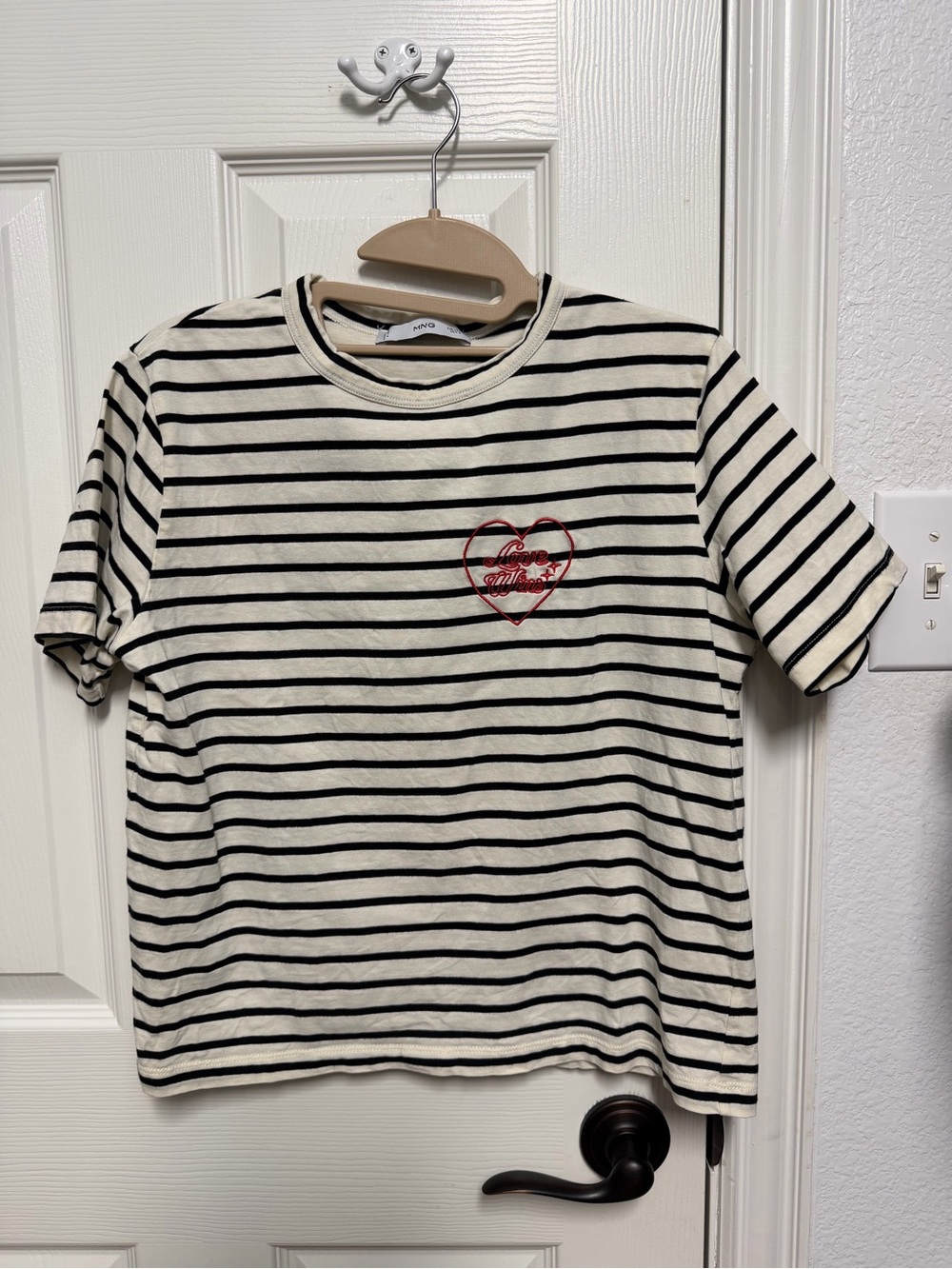 Mango Cream & Black Striped Short-Sleeve Tee with Red Heart